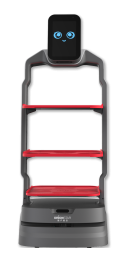 Lucki Bot front view, 3 big red trays to put items on and a vertical screen on top of it