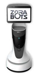 Minibot robot has a screen with the company logo shown